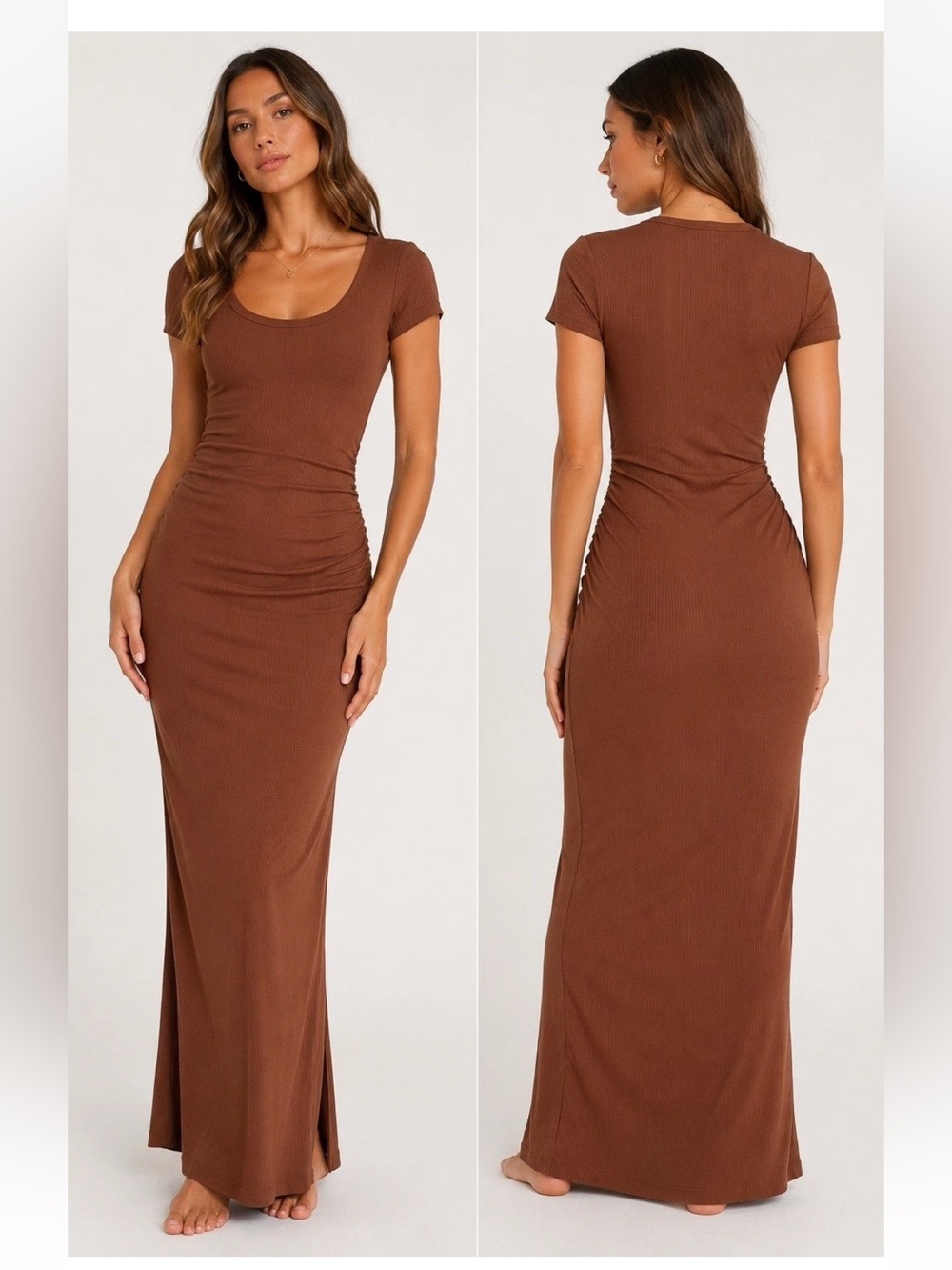 L*SPACE Valencia Dress Womens Small Brown Ribbed Ruched Maxi NWT $139